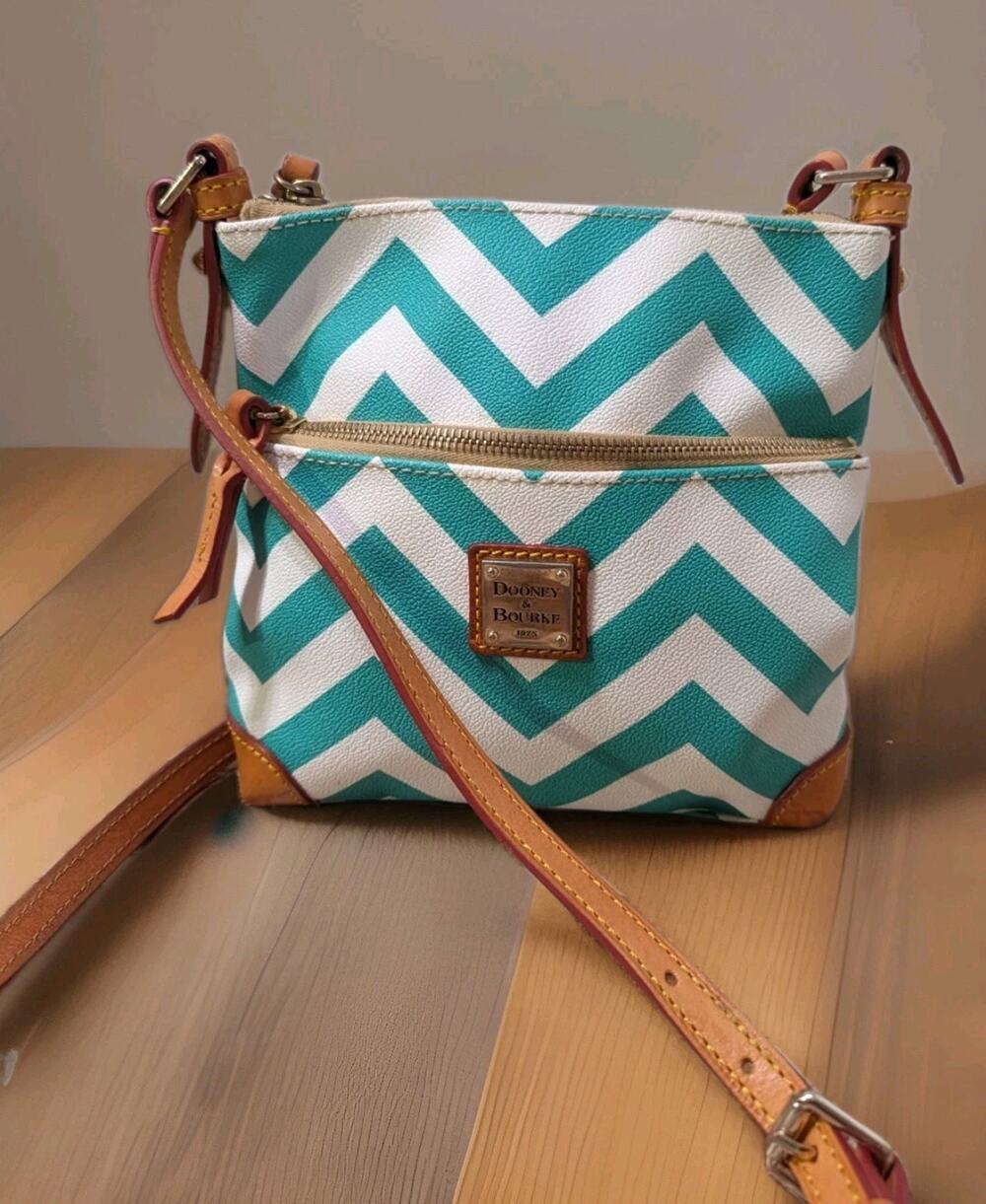Dooney & Bourke Chevron Suki Crossbody Bag Teal White Pebble Textured Small